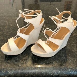 Cream Lace Up Wedges with Straps